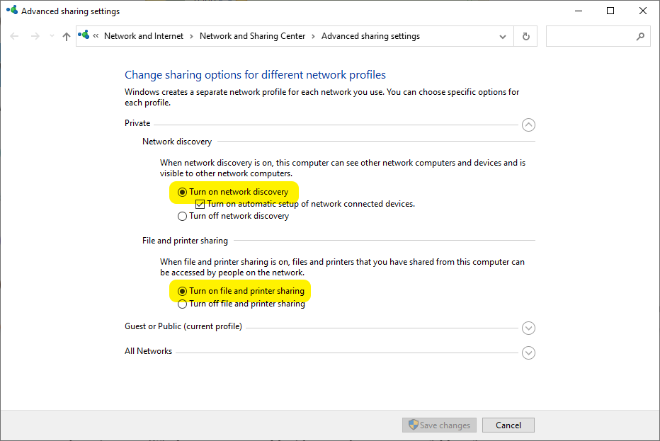 Windows 10 Advanced sharing settings